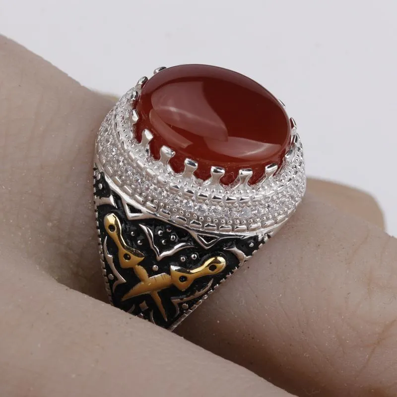 Gold Plated Men Sterling Silver Vintage Nature Agate Double Sword AAA Cubic Zircon Ring