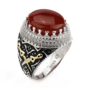 Gold Plated Men Sterling Silver Vintage Nature Agate Double Sword AAA Cubic Zircon Ring