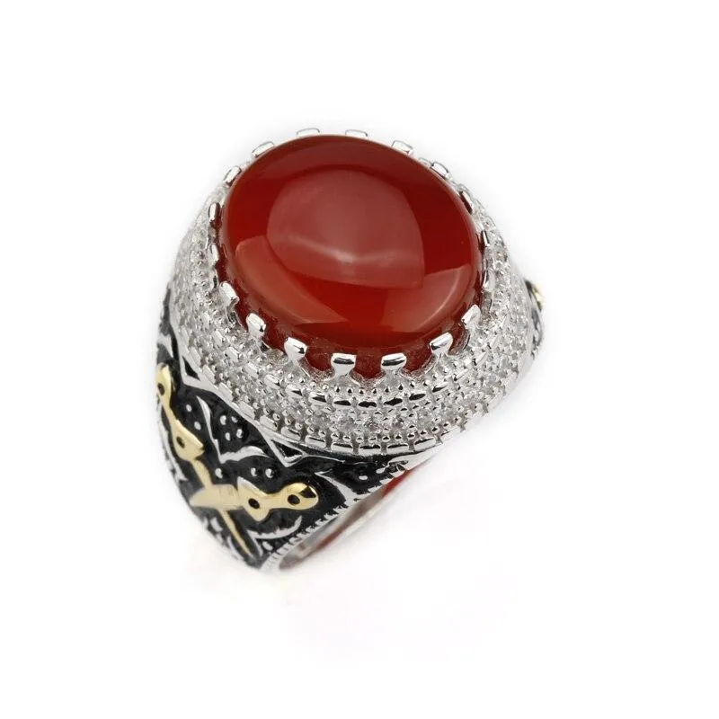 Gold Plated Men Sterling Silver Vintage Nature Agate Double Sword AAA Cubic Zircon Ring