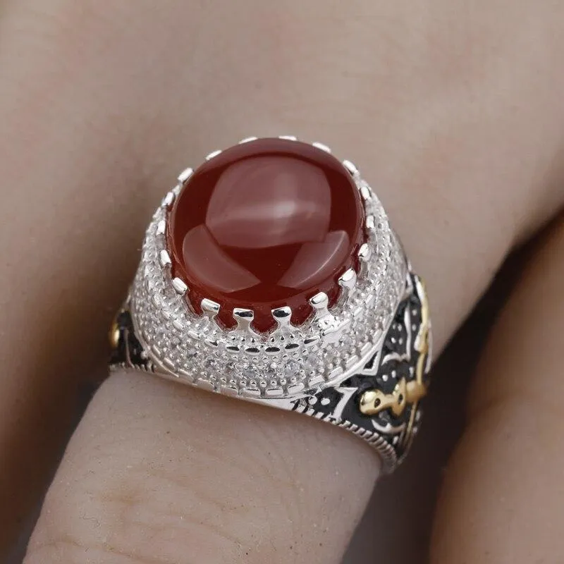 Gold Plated Men Sterling Silver Vintage Nature Agate Double Sword AAA Cubic Zircon Ring