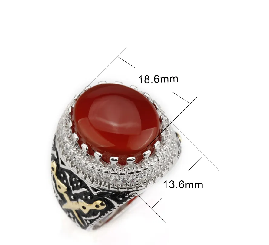 Gold Plated Men Sterling Silver Vintage Nature Agate Double Sword AAA Cubic Zircon Ring