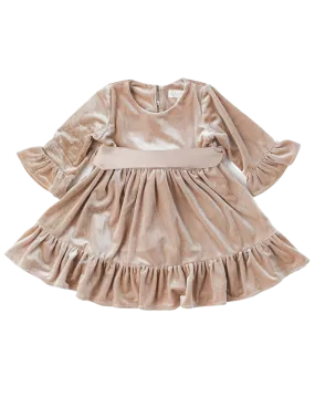 Grace Velour Dress with Removable Satin Sash - Sheer Beige