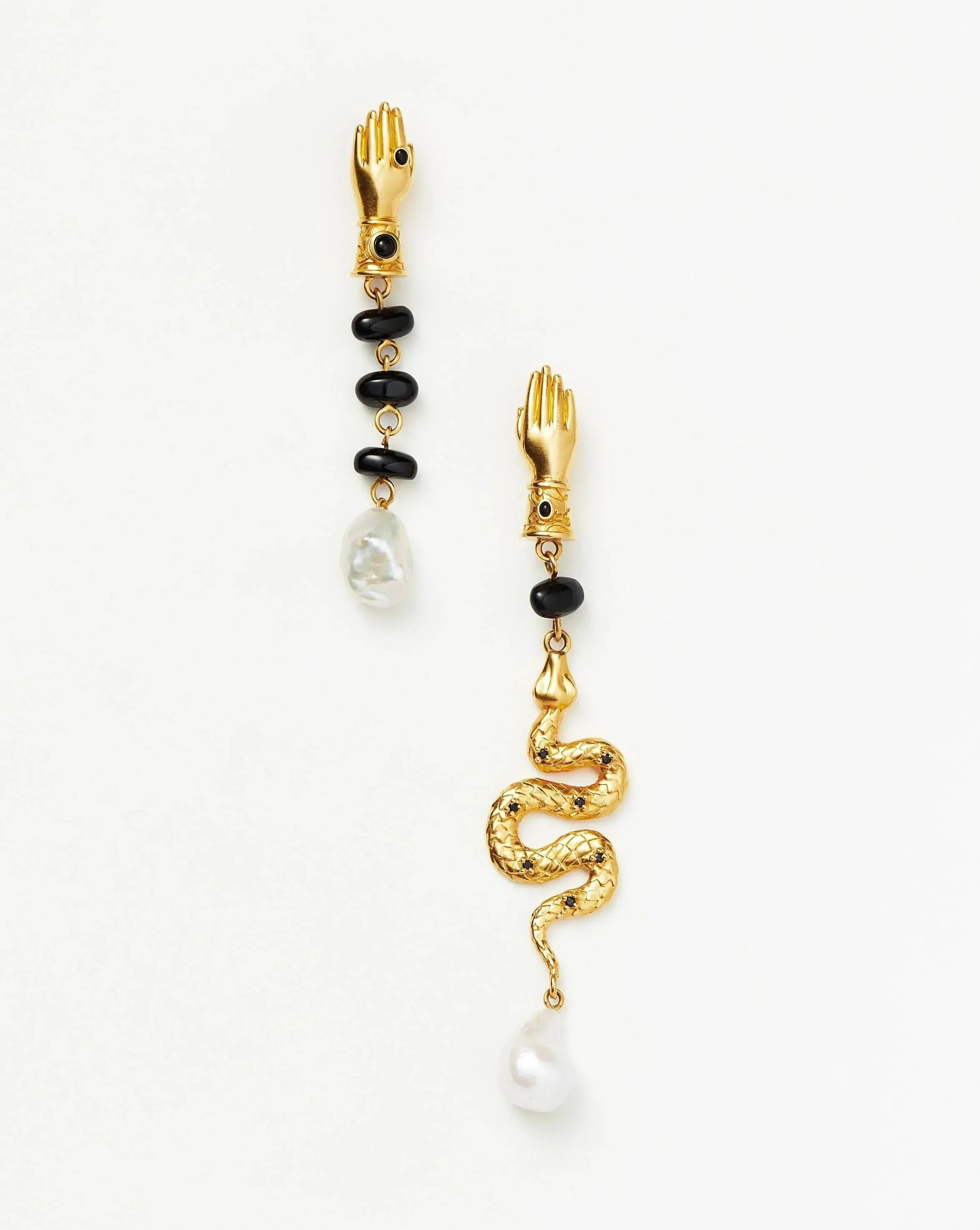 Harris Reed Handpicked Serpent Mismatch Earrings | 18ct Gold Plated/Pearl & Black Onyx