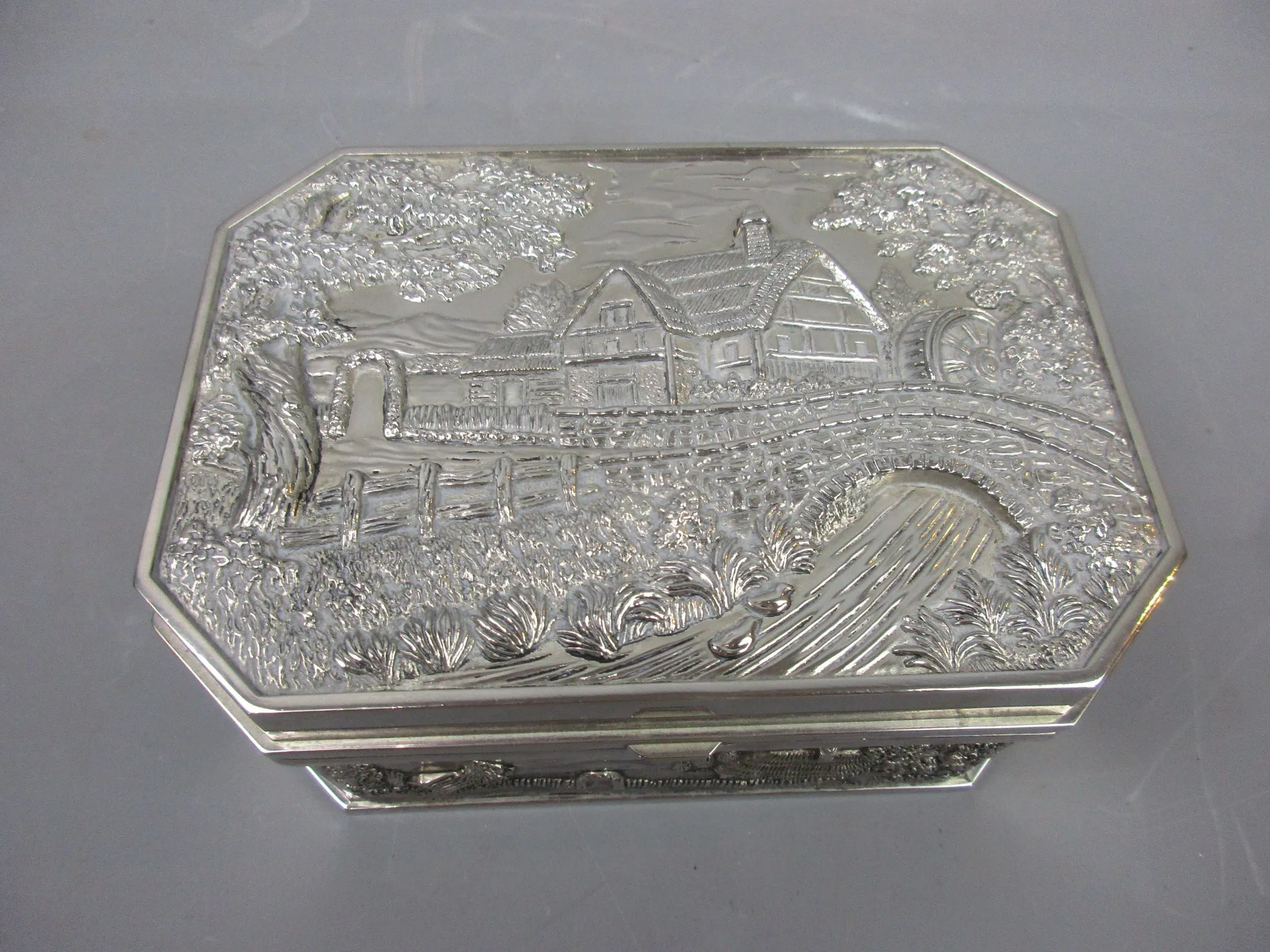 Heavy White Metal Jewellery Box With Rural Water Mill Scene Vintage c1970