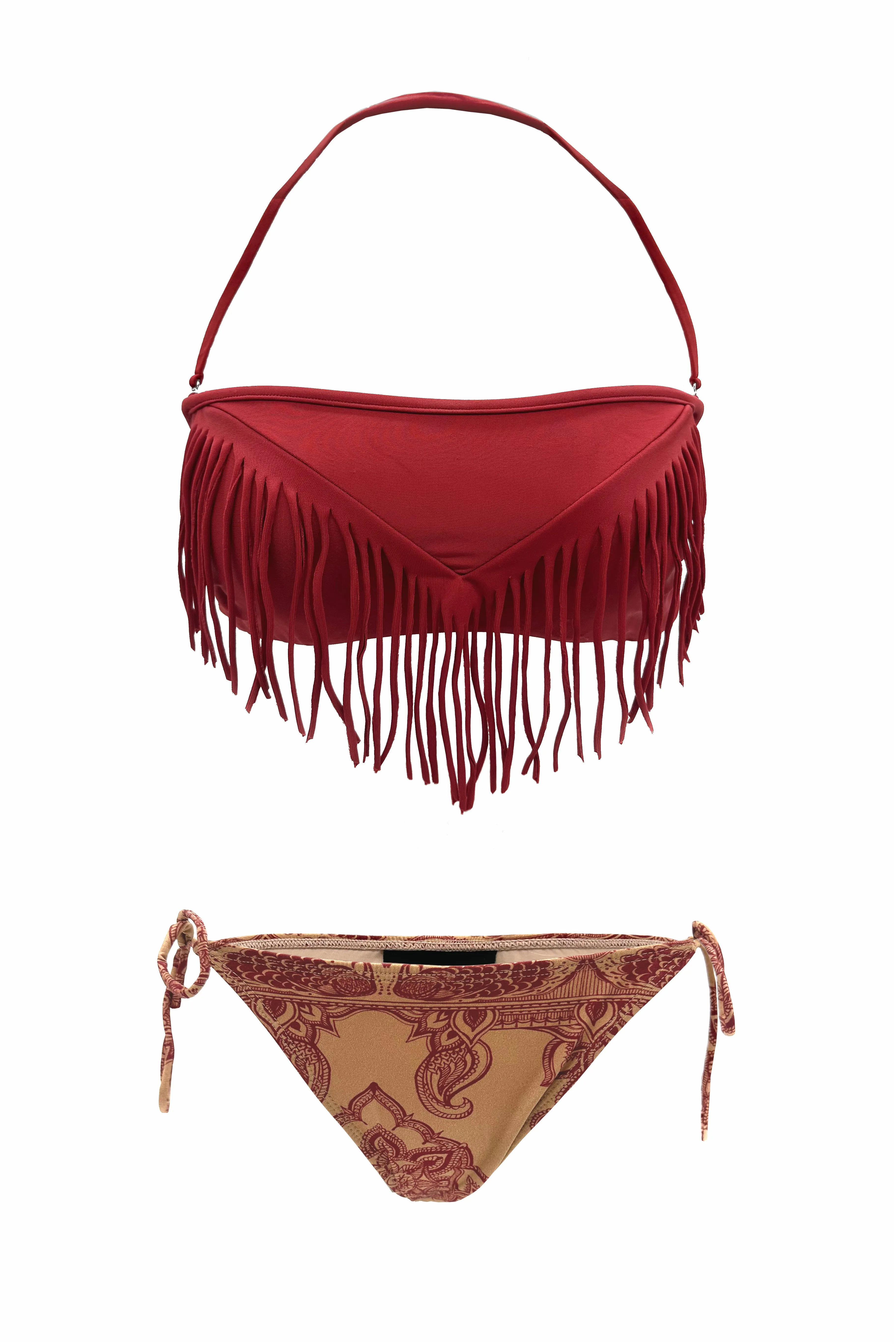 Henna Print Fringe Detail Strapless Bikini