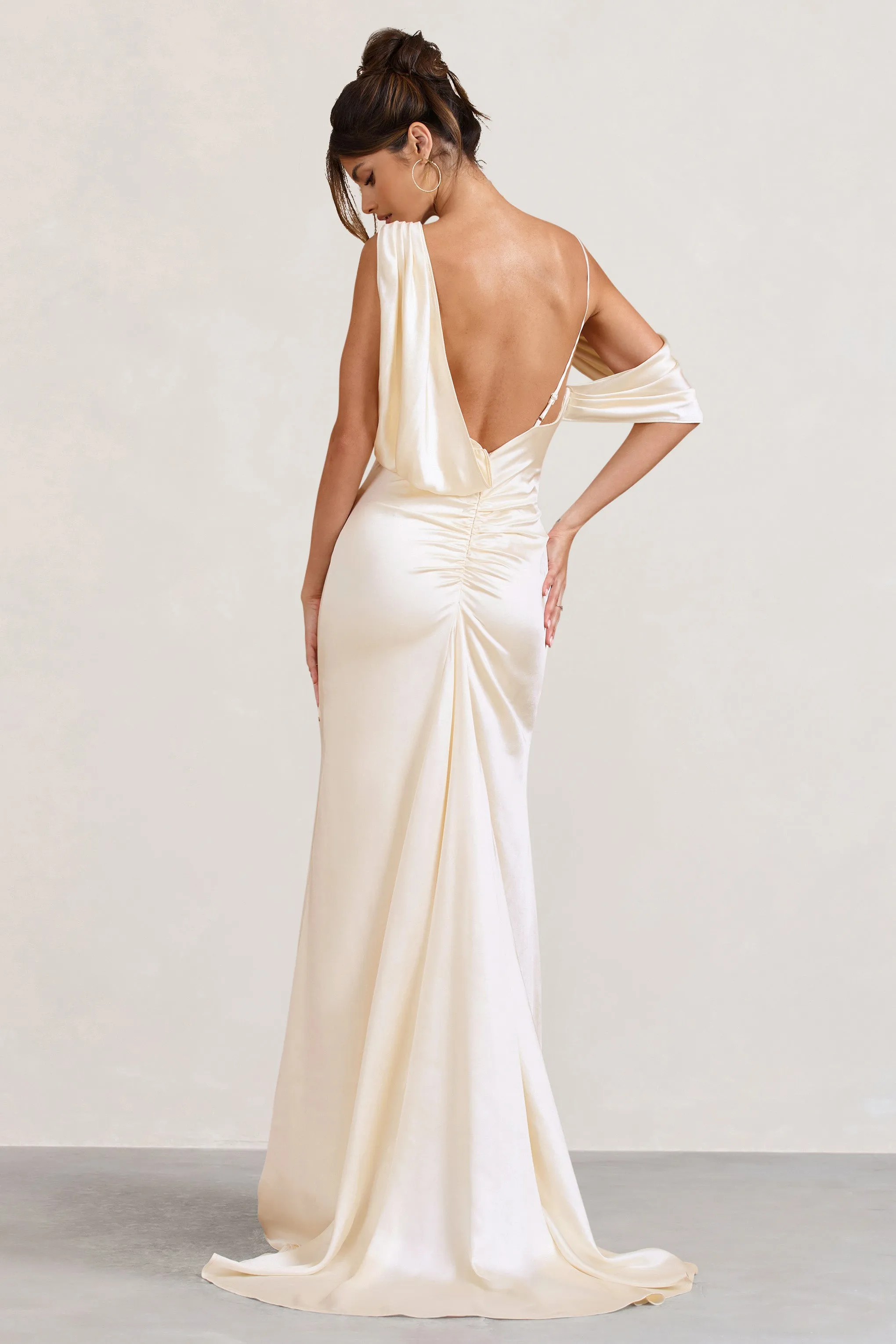 Jayne | Cream Satin Asymmetric Draped Split Maxi Dress