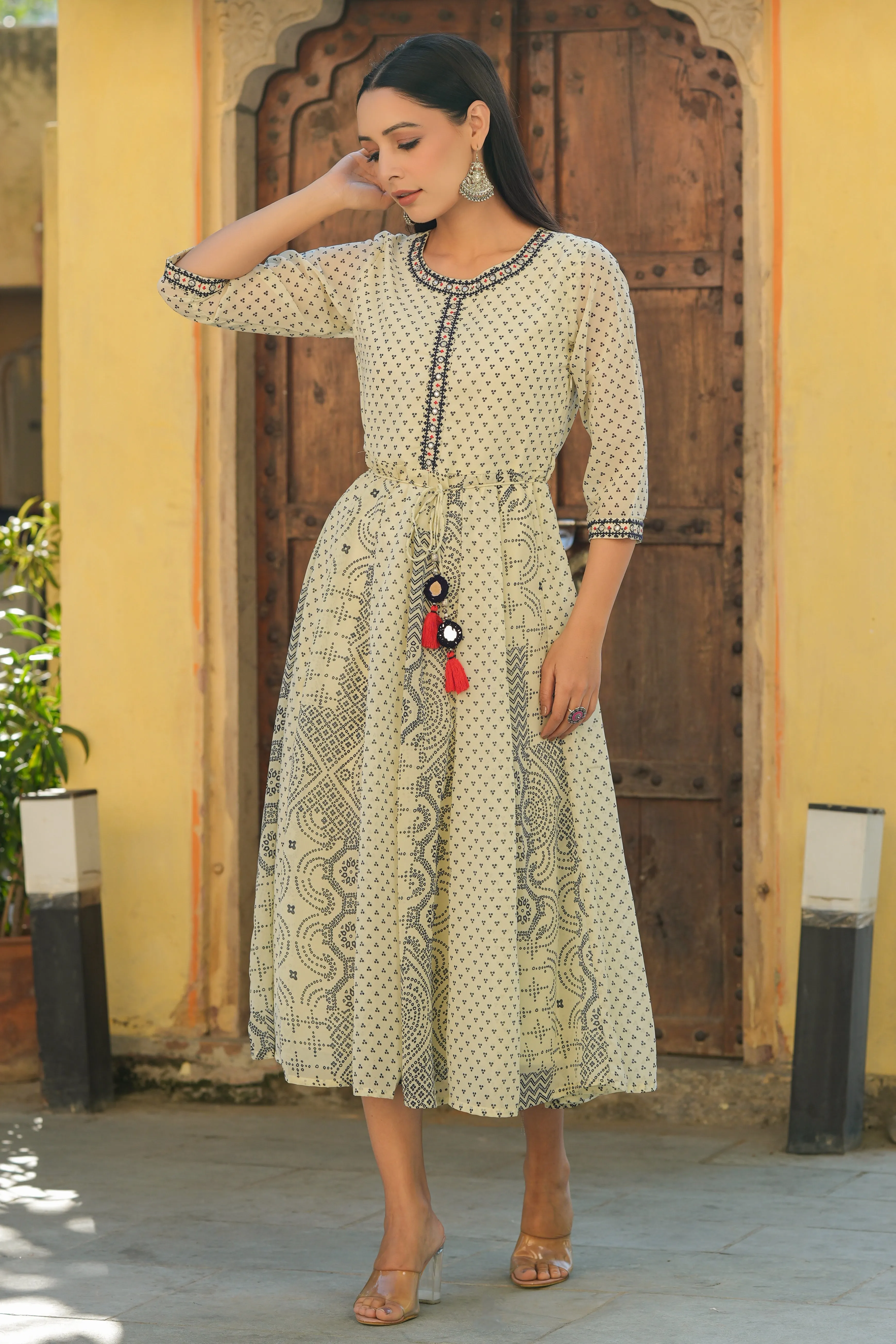 Juniper Ivory Bandhani Printed Georgette Anarkali Women Kurta