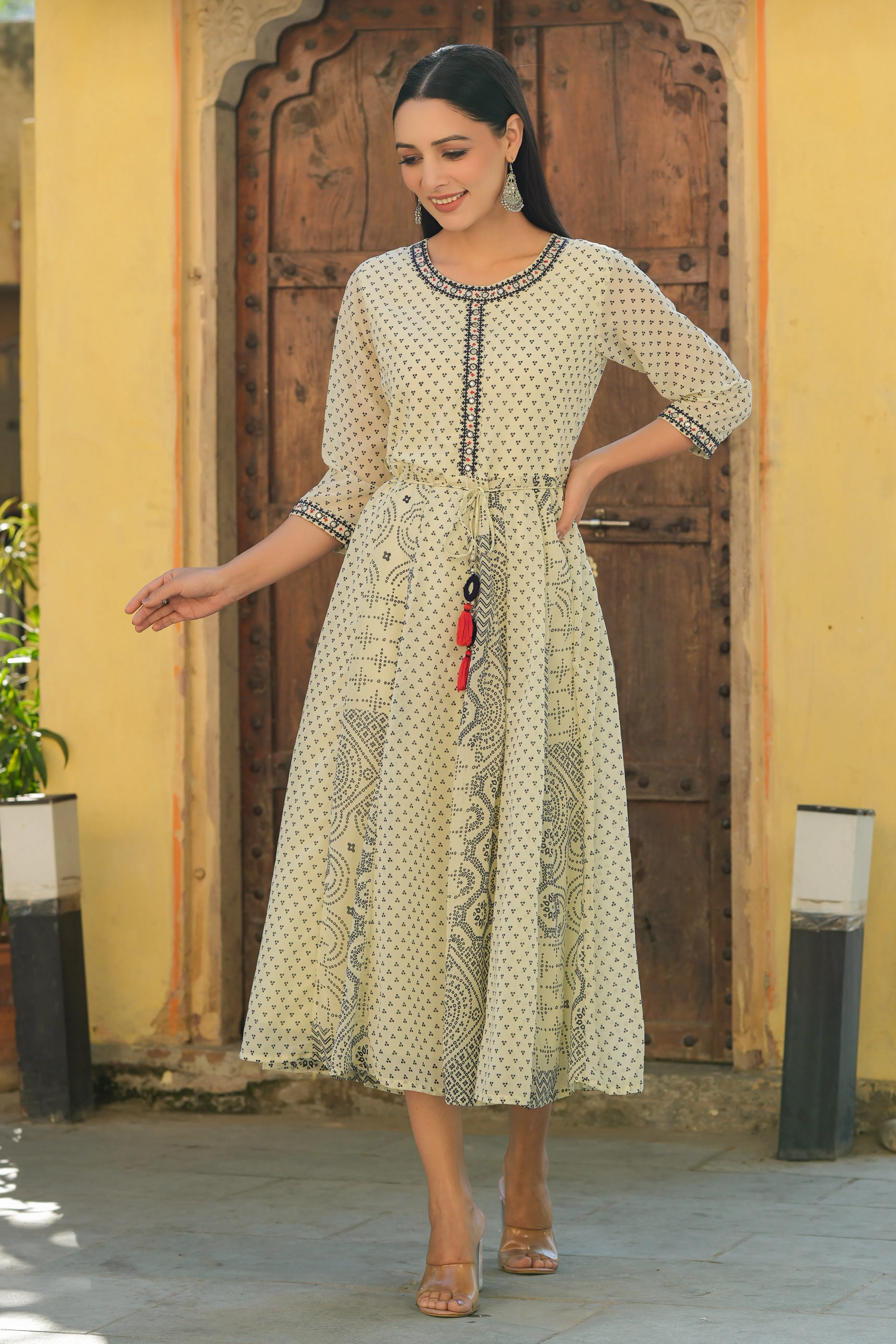 Juniper Ivory Bandhani Printed Georgette Anarkali Women Kurta