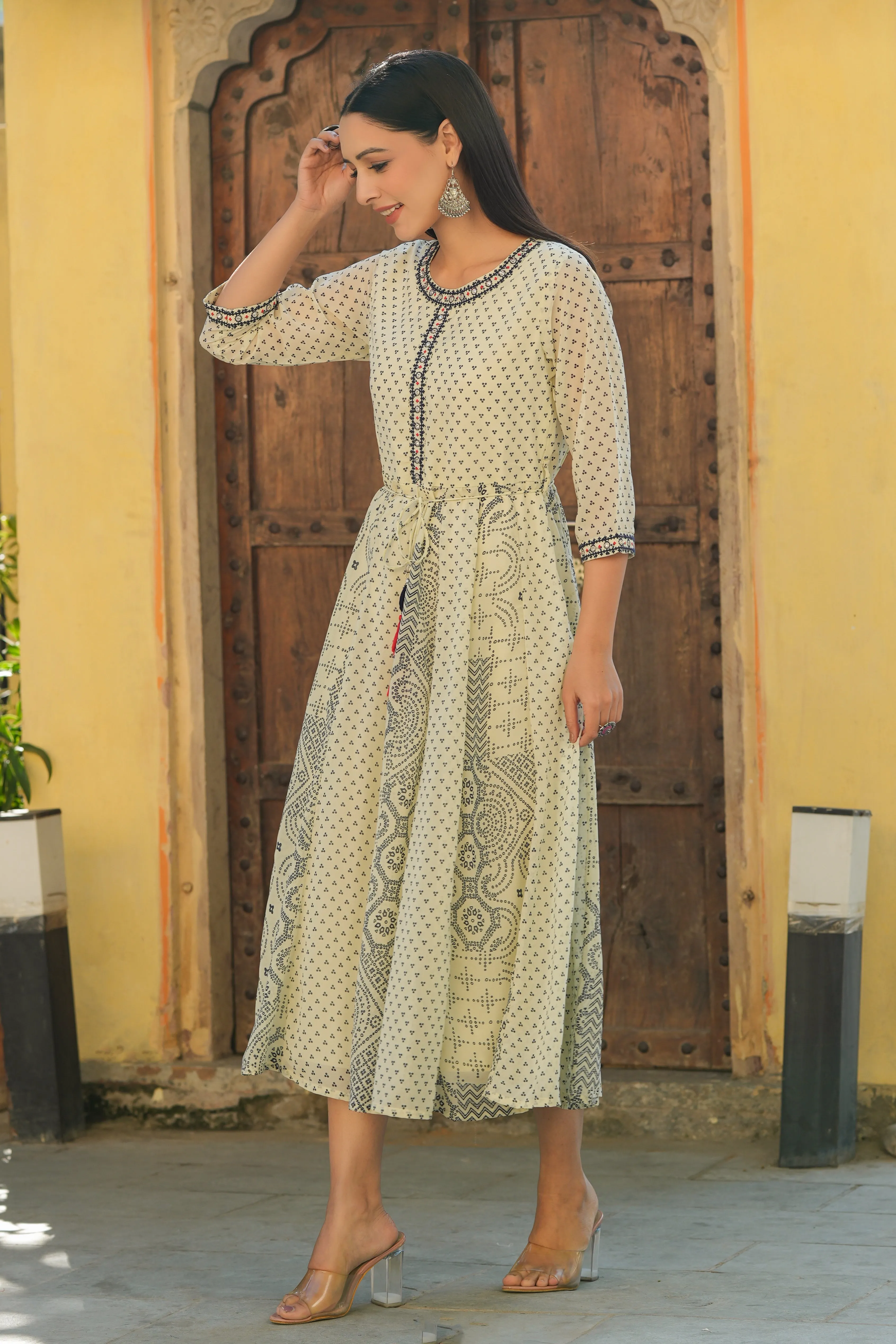 Juniper Ivory Bandhani Printed Georgette Anarkali Women Kurta