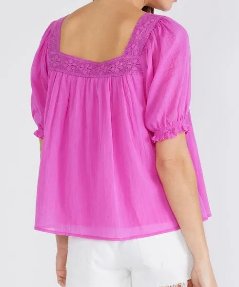 Lace Trim Square Neck Blouse - Orchid