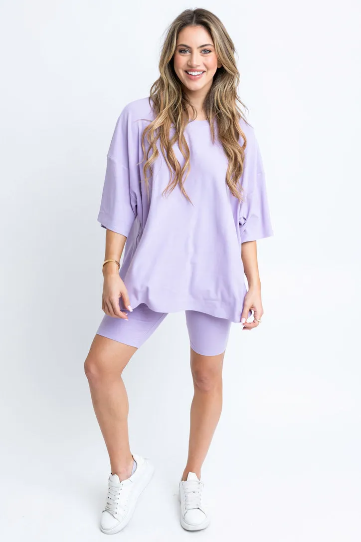 Lavender Ribbed Knit Biker Shorts Set