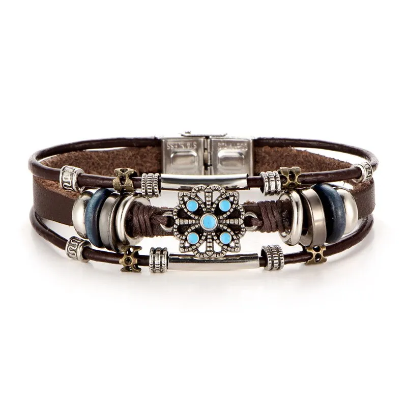 Leather Charm  with Flower turquoise stone Bracelet