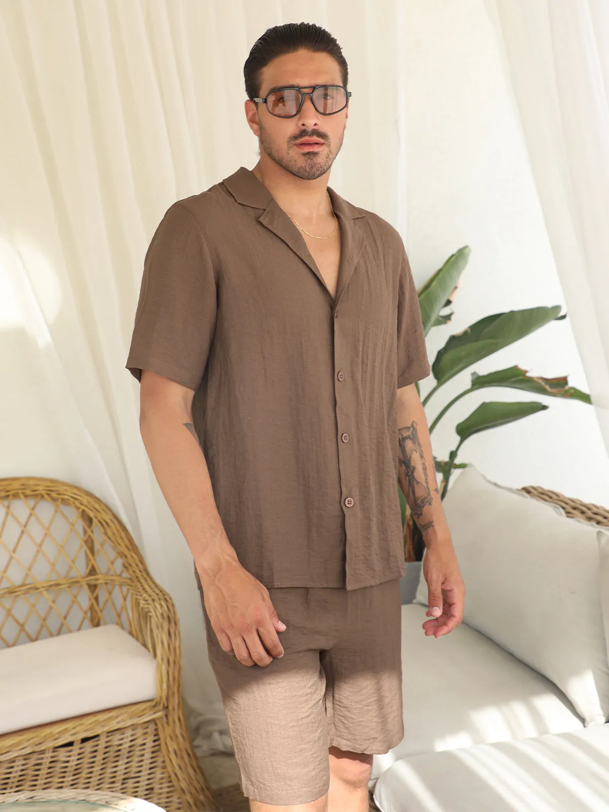 Linen Hawaiian Shirt Shorts Set Brown