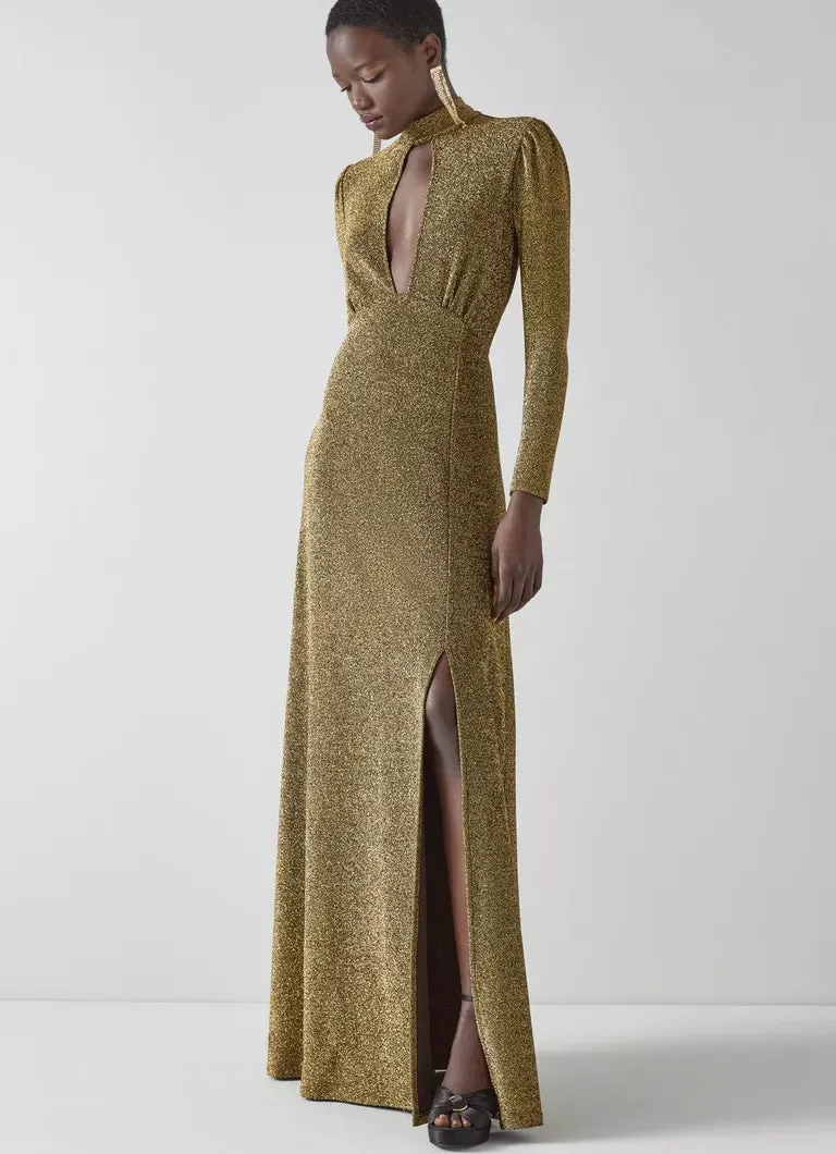 LK Bennett Wilma Gold Metallic Slit-Front Maxi Dress