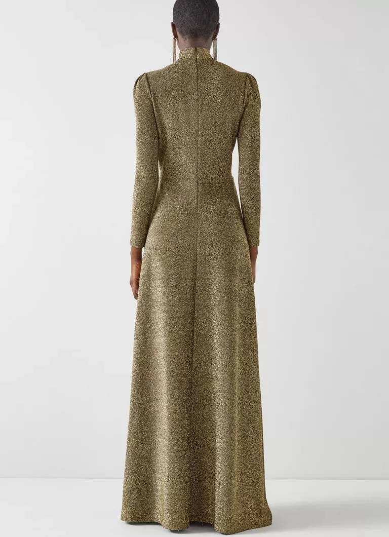 LK Bennett Wilma Gold Metallic Slit-Front Maxi Dress