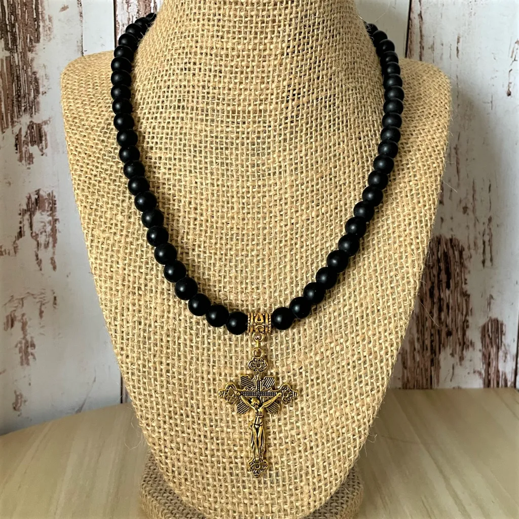 Matte Black Onyx and Gold Large Cross with Jesus Mens Beaded Necklace