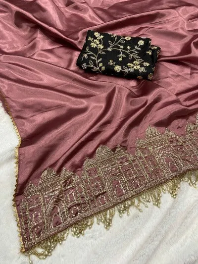 Mauve Pink Satin Silk Embroidered Saree With Lace Work