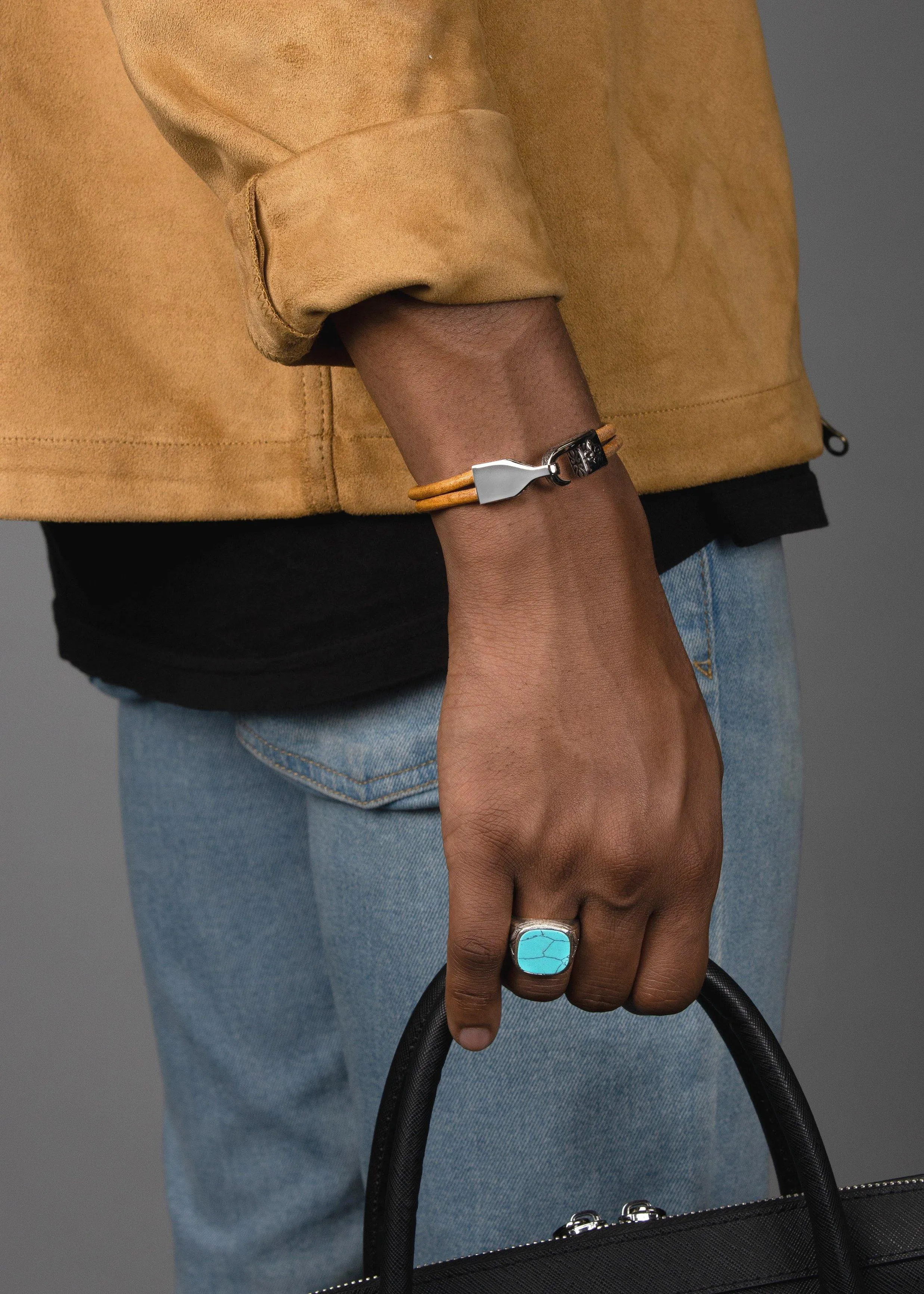 Men's Brown Leather Bracelet with Silver Fleur De Lis Lock