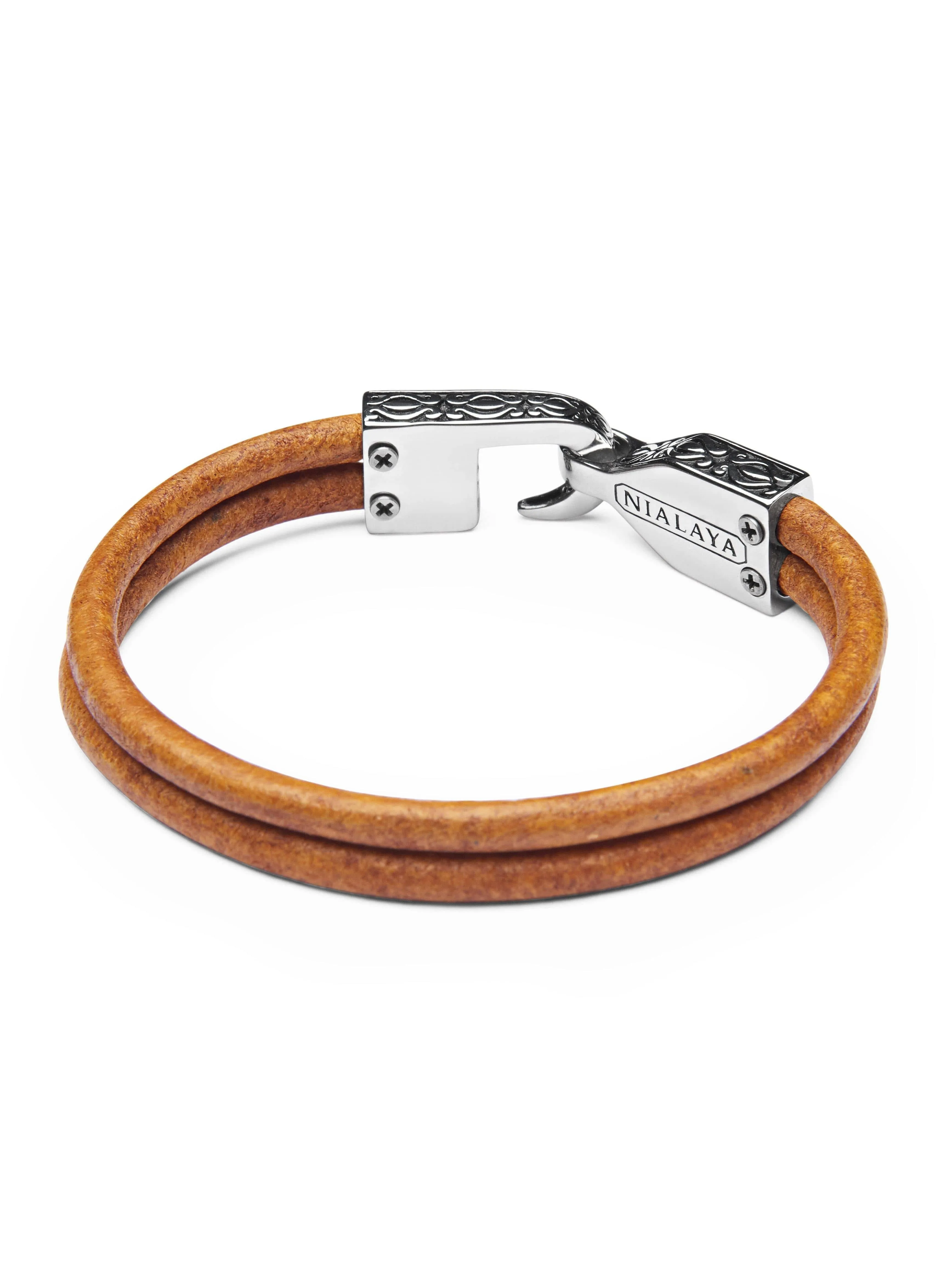 Men's Brown Leather Bracelet with Silver Fleur De Lis Lock