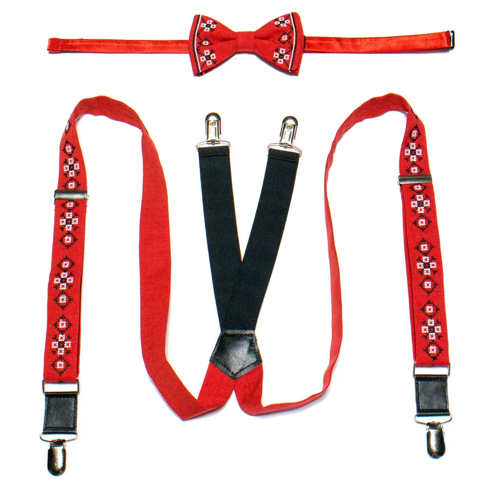 Men's Embroidered Bowtie and Suspenders Set -Red