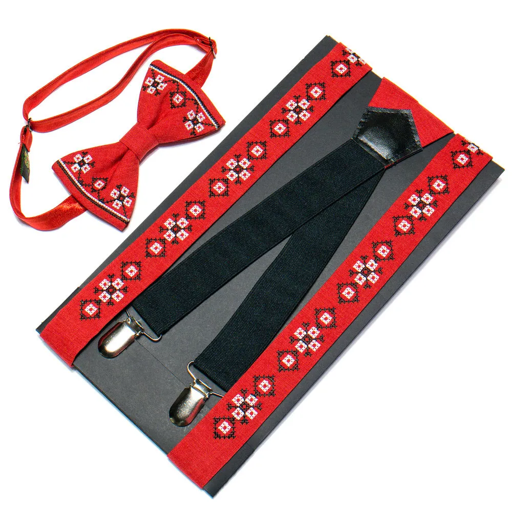 Men's Embroidered Bowtie and Suspenders Set -Red