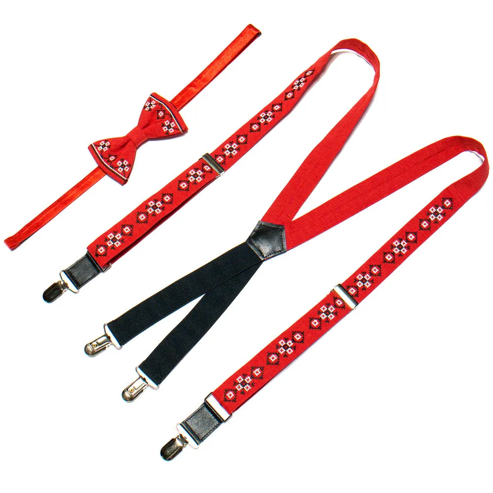 Men's Embroidered Bowtie and Suspenders Set -Red