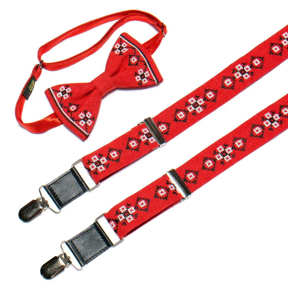 Men's Embroidered Bowtie and Suspenders Set -Red