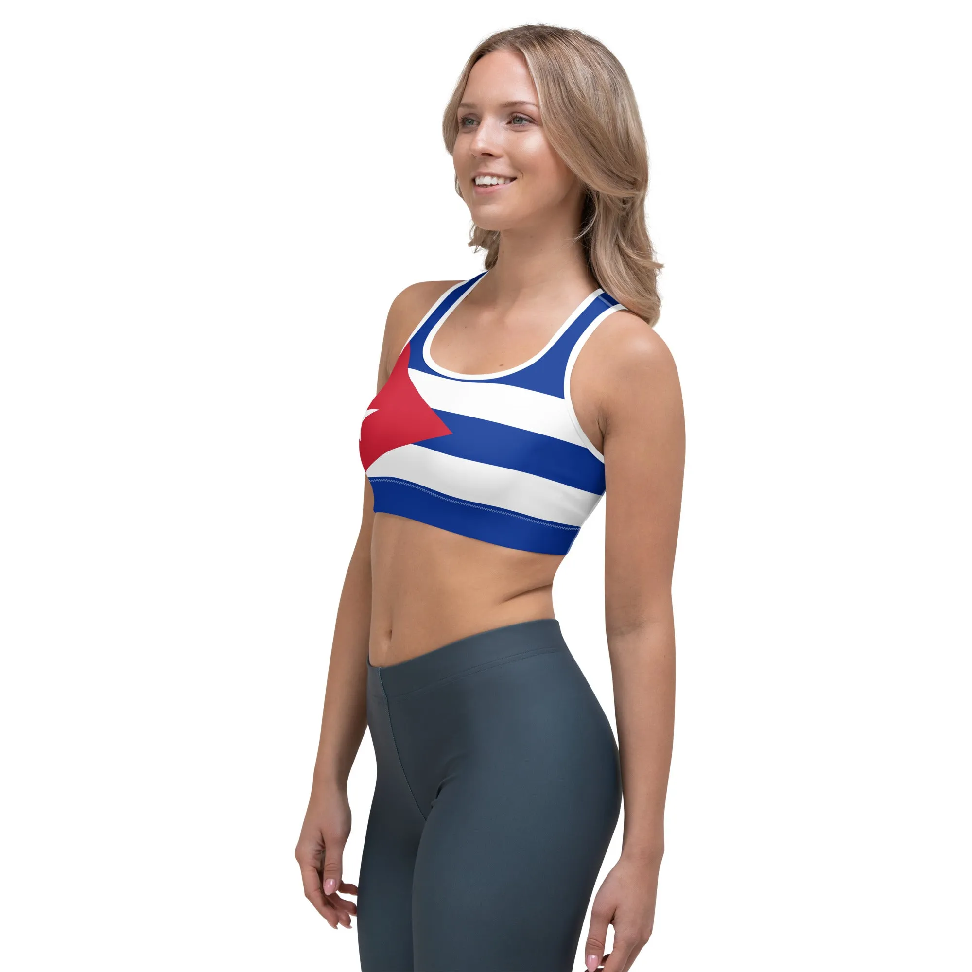 Moisture-Wicking Cuba Flag Sports Bra With Shoulder Strap Support And Double-Layered