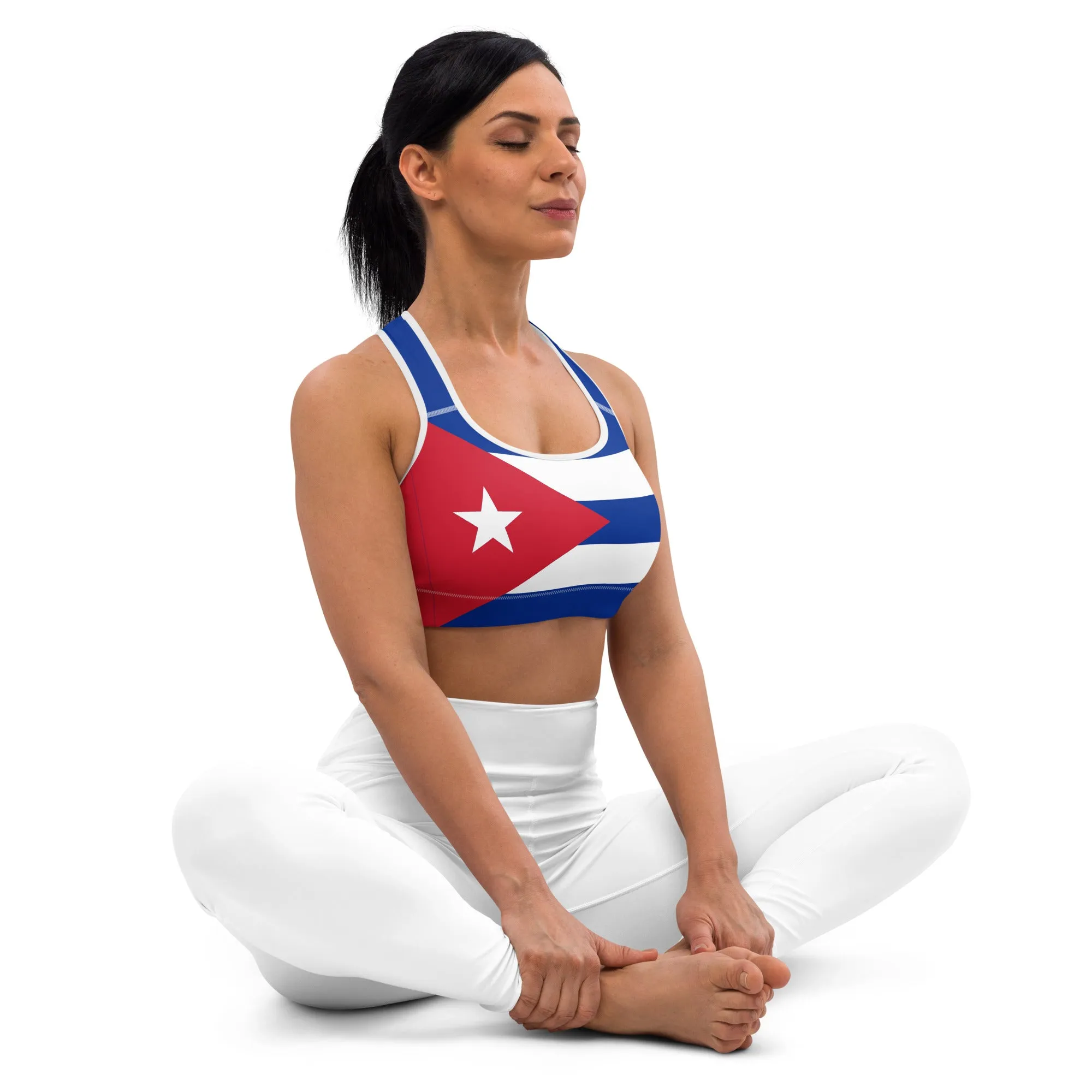 Moisture-Wicking Cuba Flag Sports Bra With Shoulder Strap Support And Double-Layered