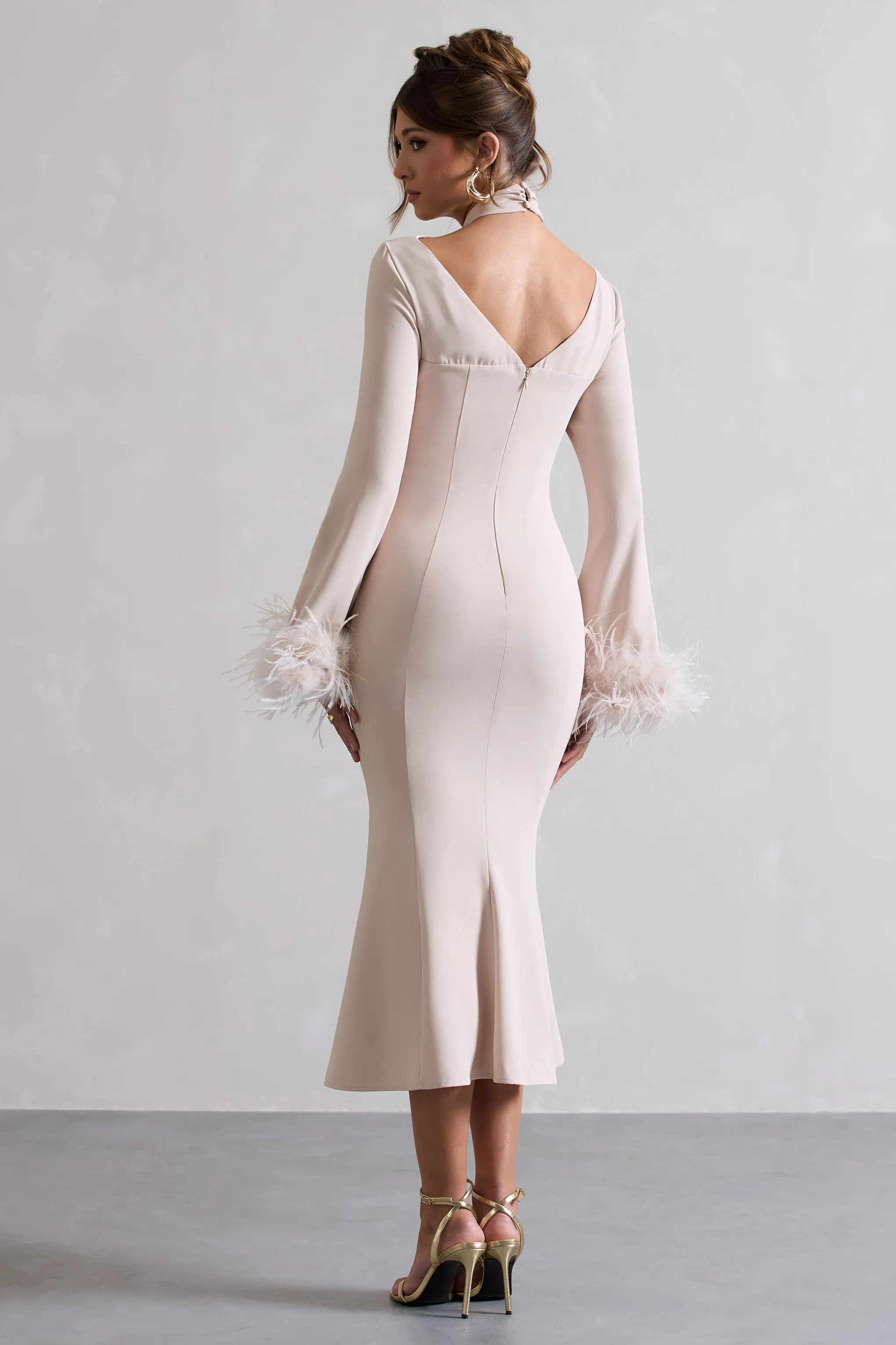 Monroe | Champagne Cross Halter-Neck Midi Dress With Feather Cuffs