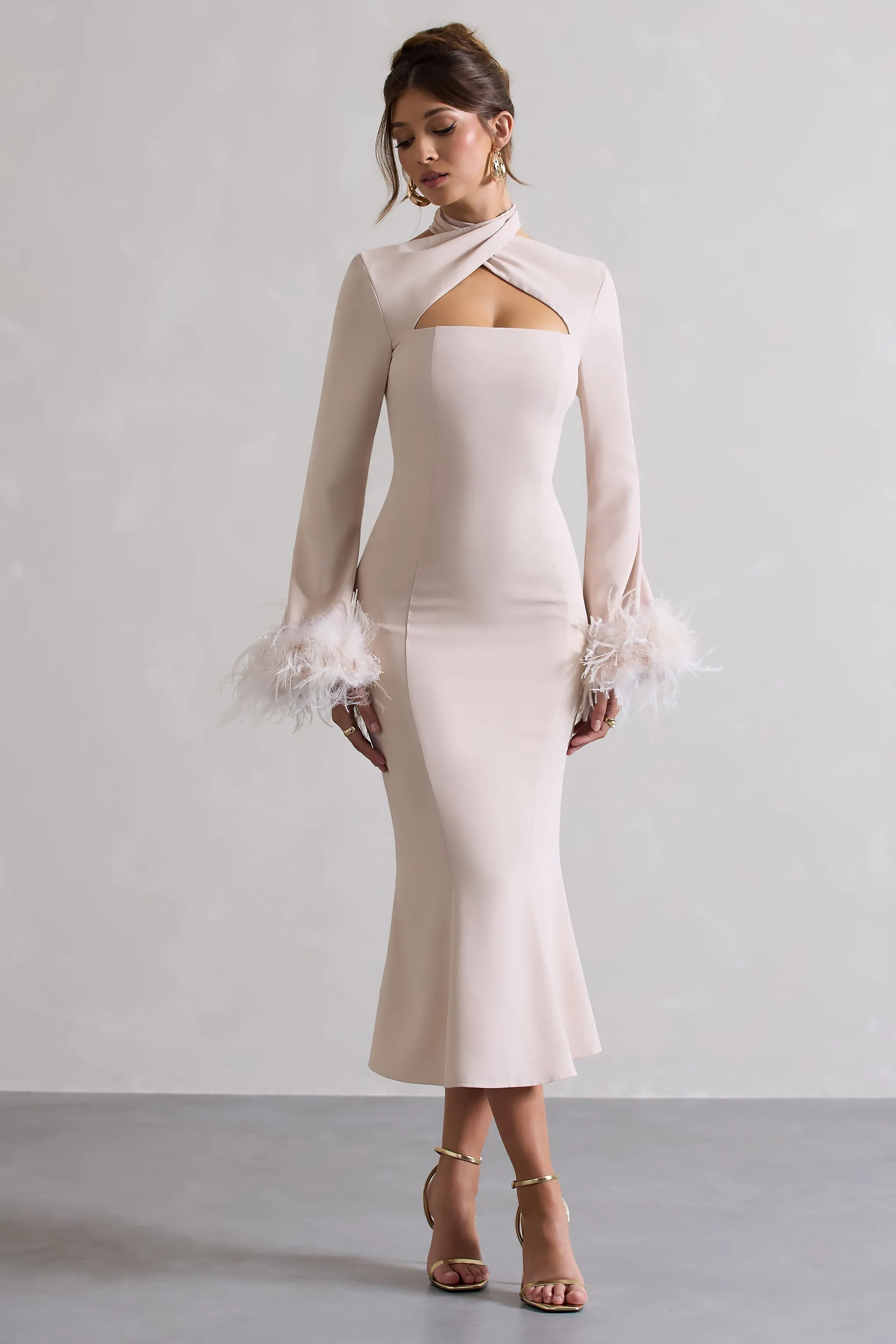 Monroe | Champagne Cross Halter-Neck Midi Dress With Feather Cuffs