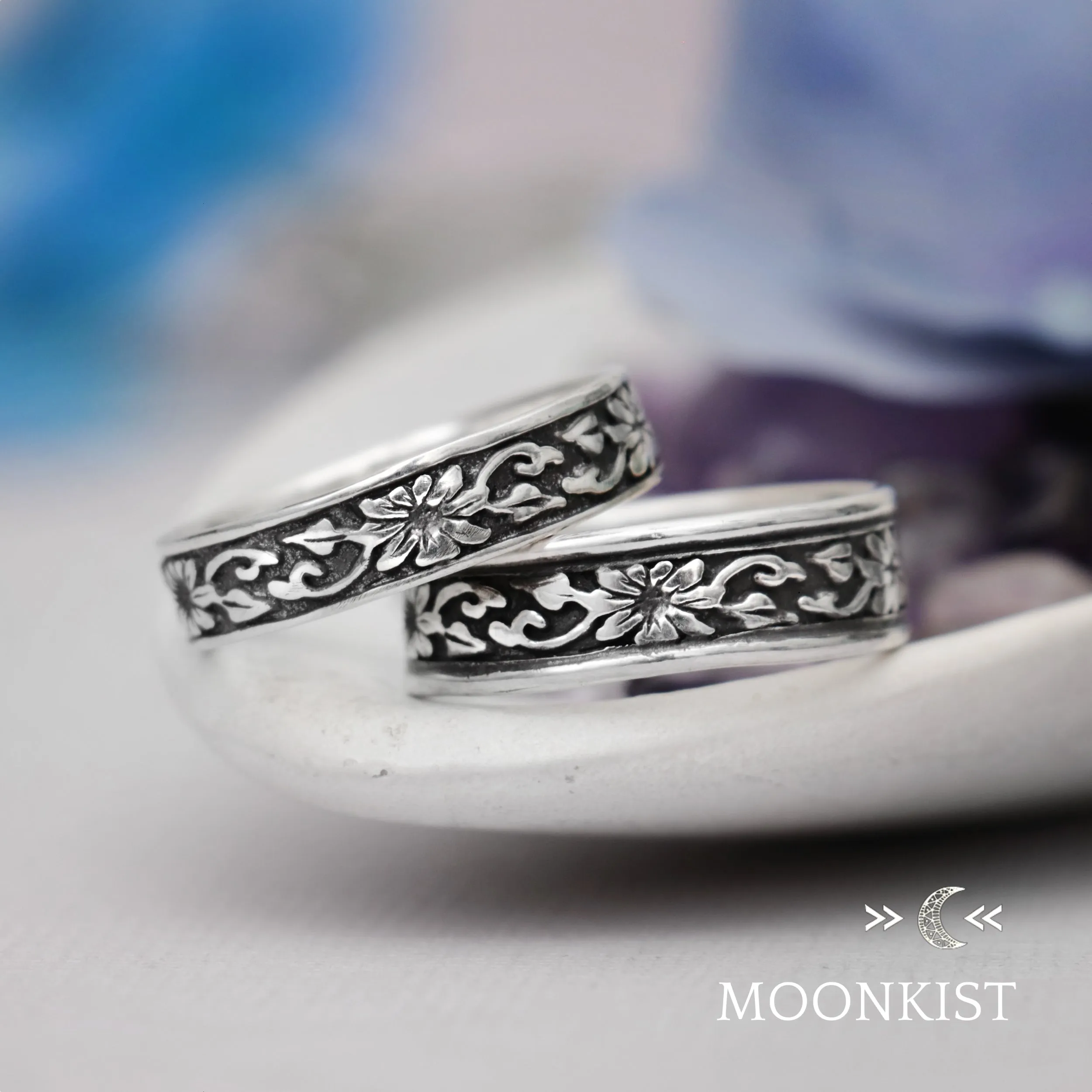 Morning Glory Flower His and Hers Wedding Band Set | Moonkist Designs