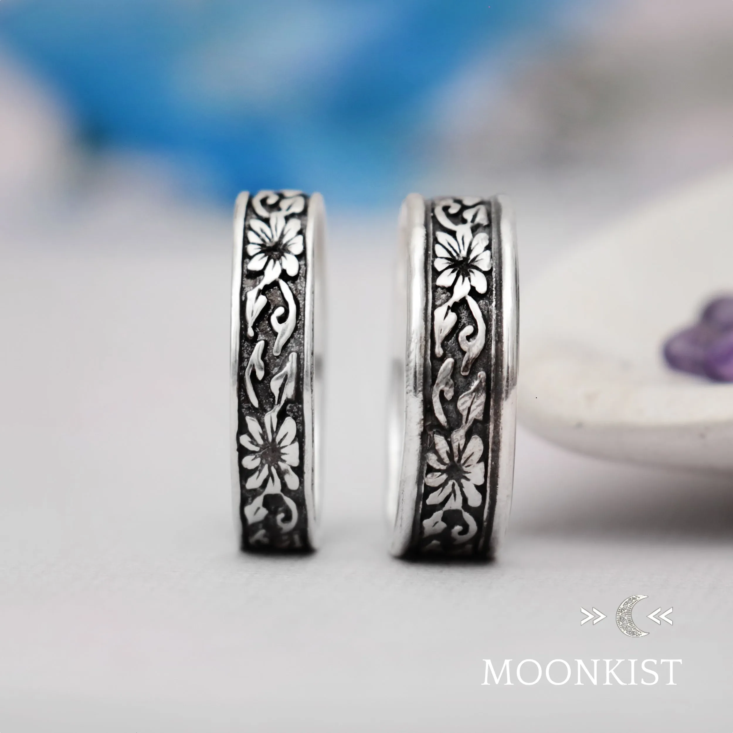 Morning Glory Flower His and Hers Wedding Band Set | Moonkist Designs