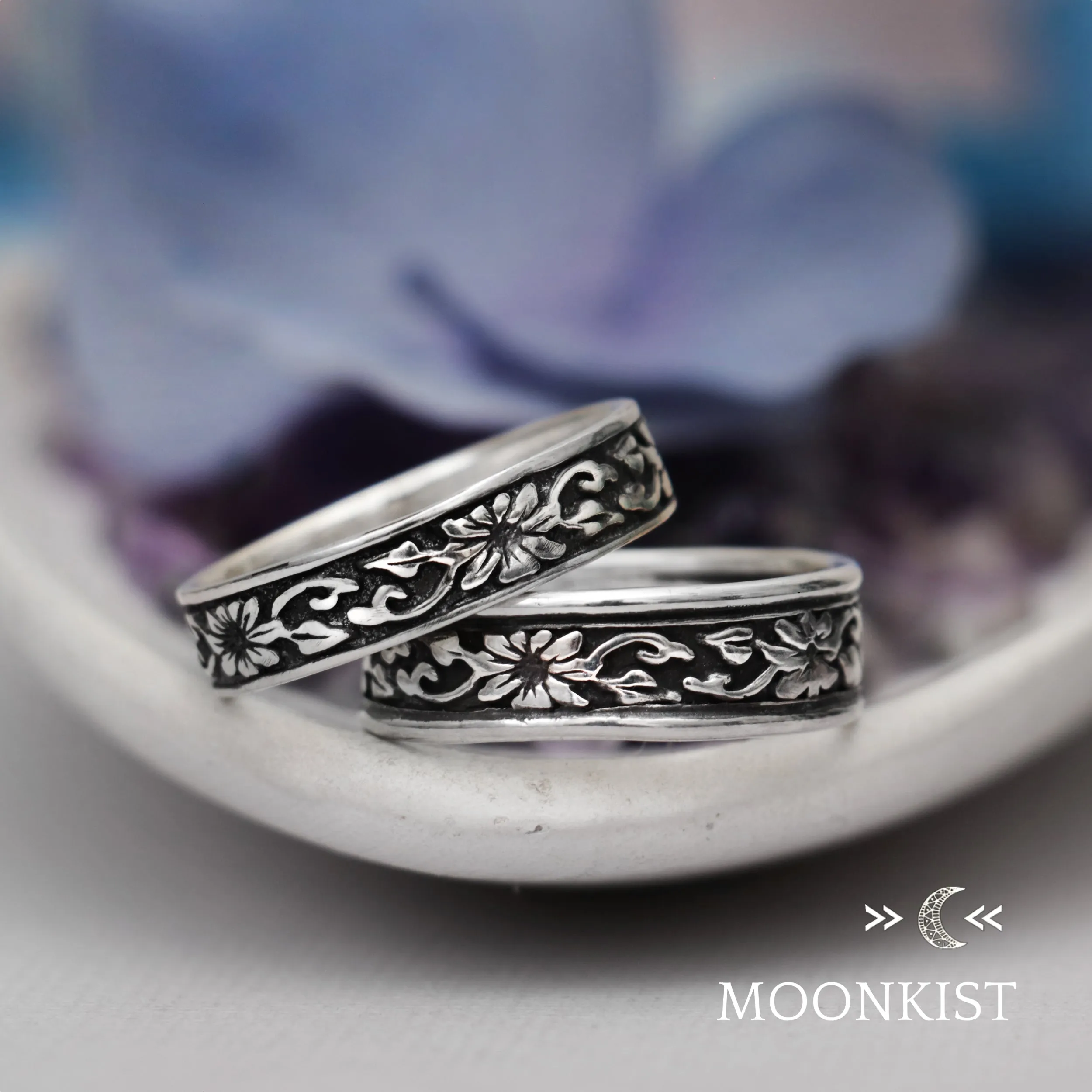 Morning Glory Flower His and Hers Wedding Band Set | Moonkist Designs