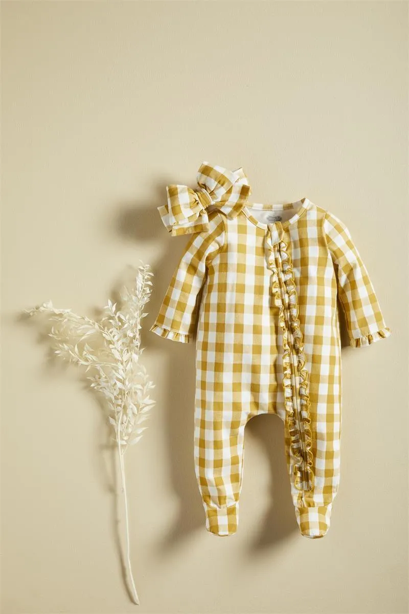 Mustard Gingham Sleeper & Headband Set