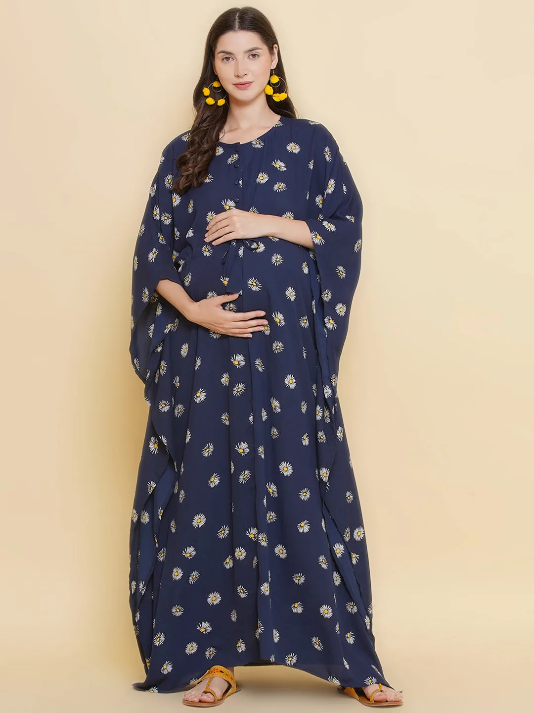 Navy Blue Printed Maternity & Nursing Kaftaan Dress