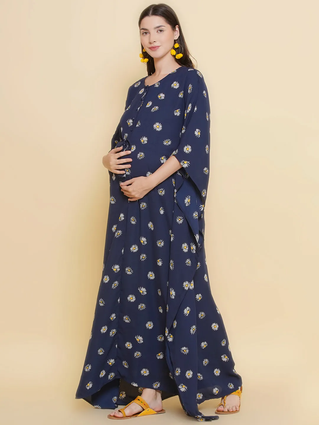 Navy Blue Printed Maternity & Nursing Kaftaan Dress