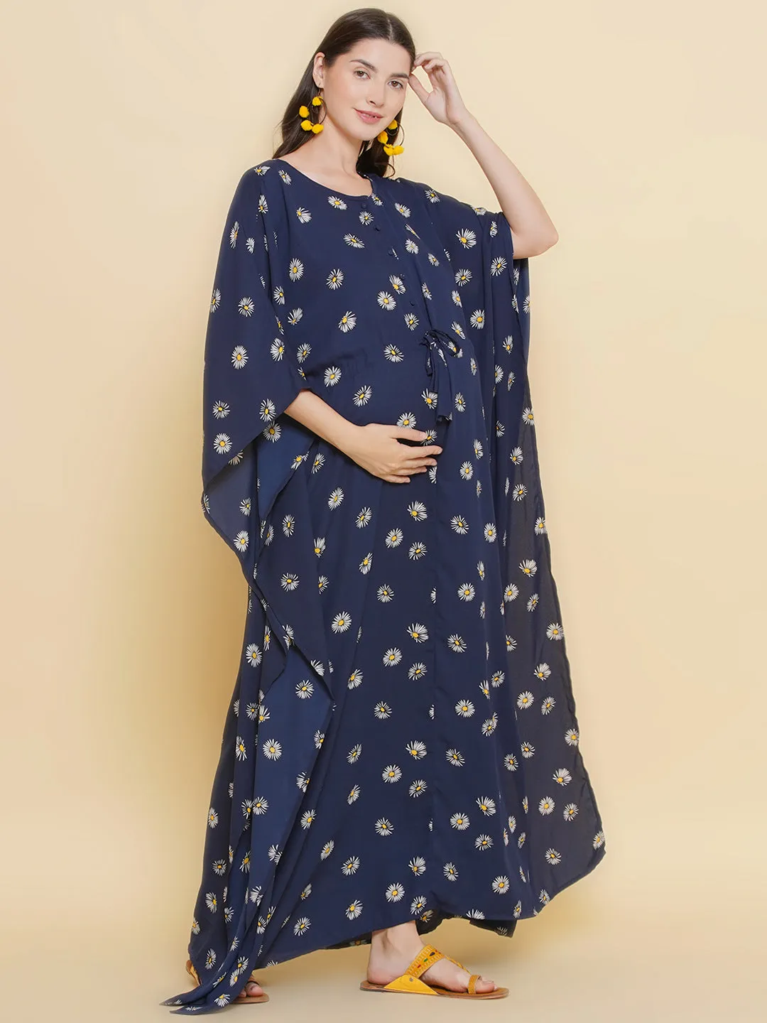 Navy Blue Printed Maternity & Nursing Kaftaan Dress