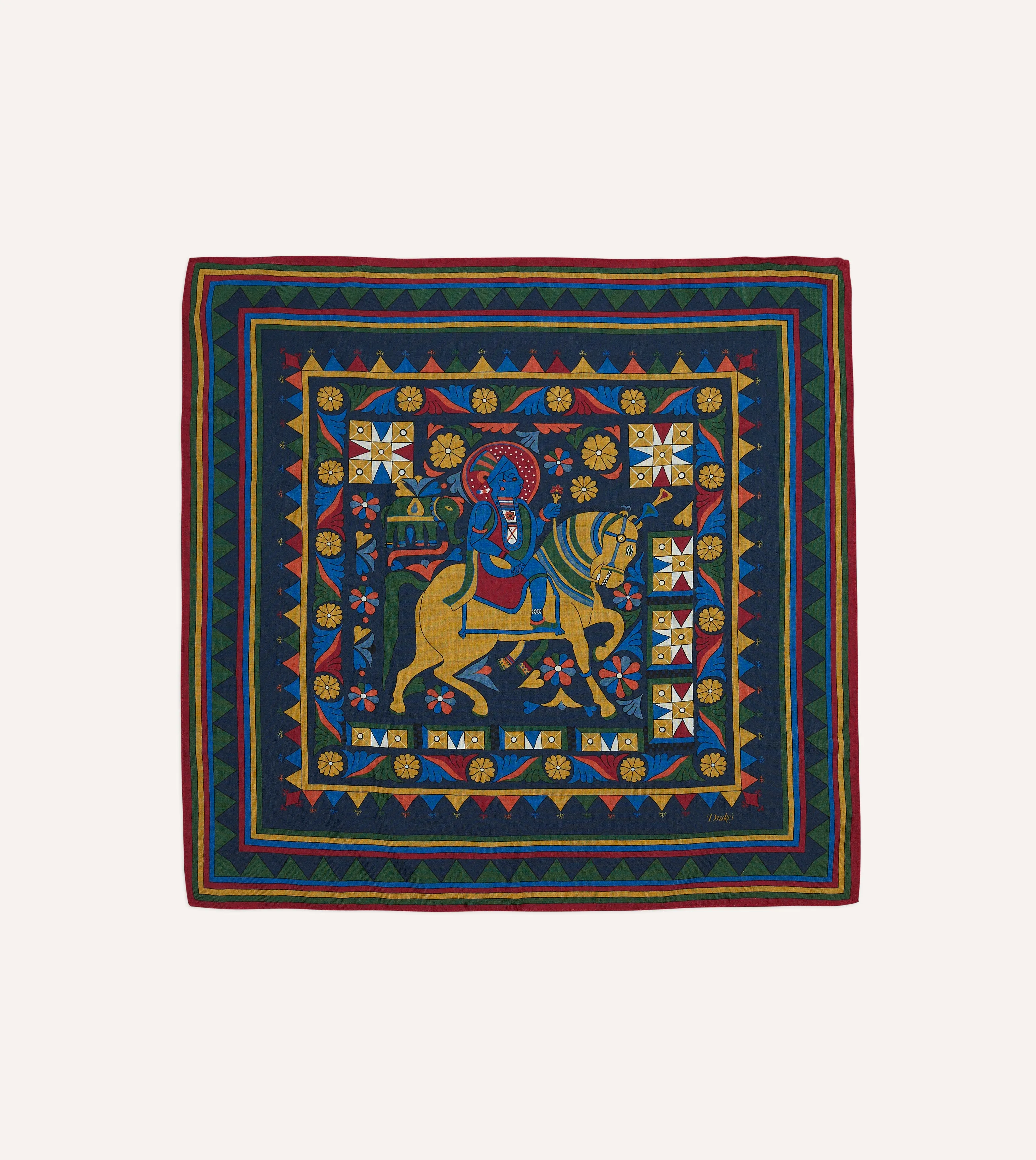 Navy Buddhist Rider Print Wool-Silk Bandana