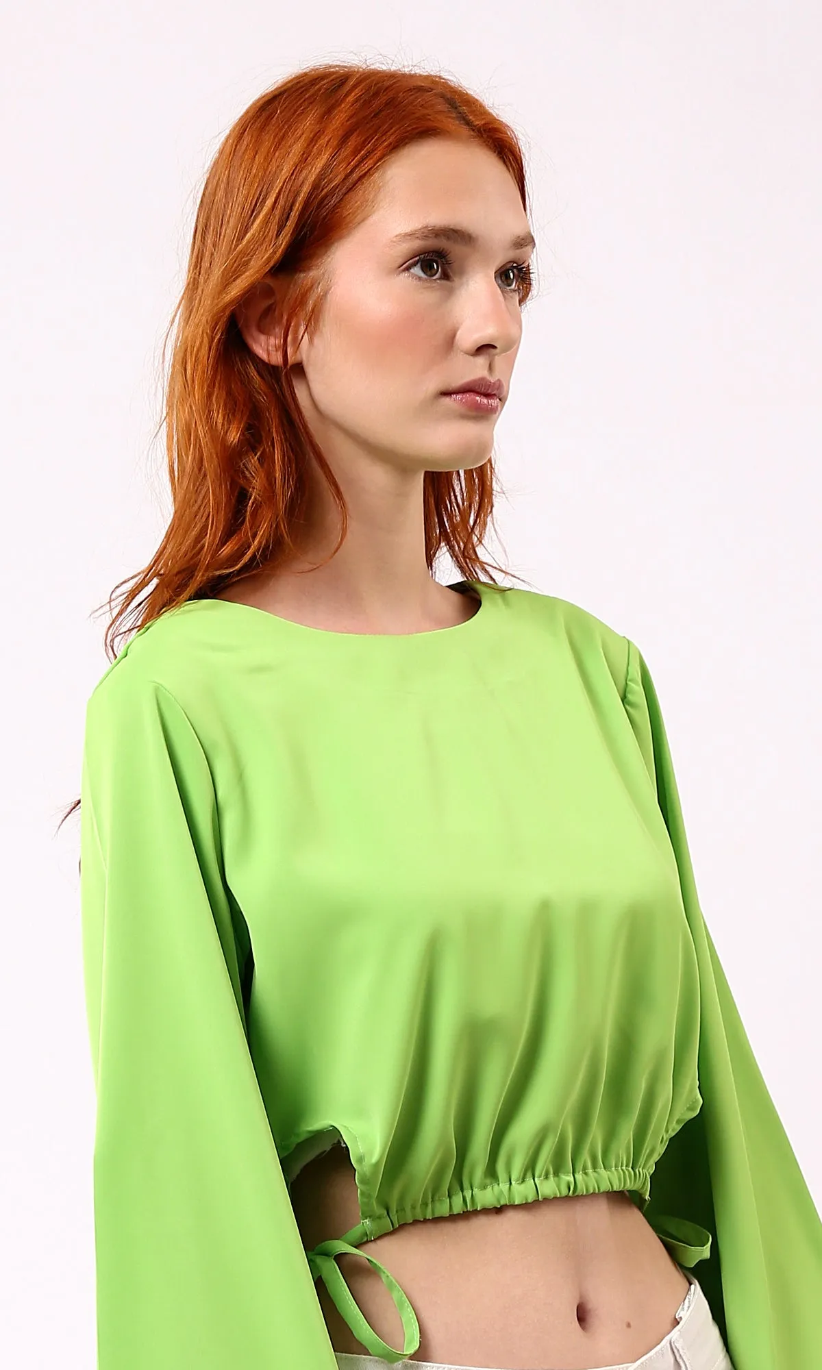 O188404 Slip On Casual Blouse With Drawstring Hem - Neon Green