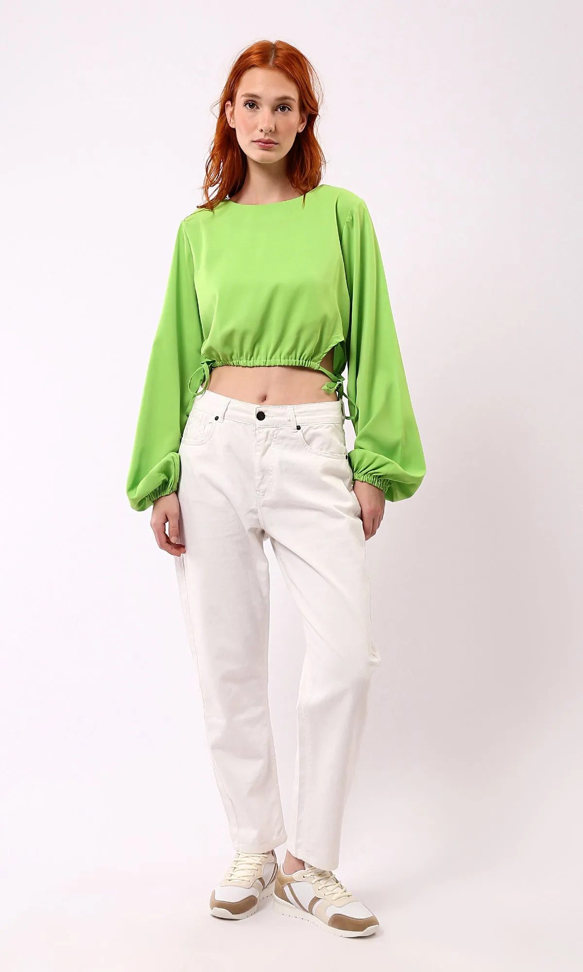 O188404 Slip On Casual Blouse With Drawstring Hem - Neon Green