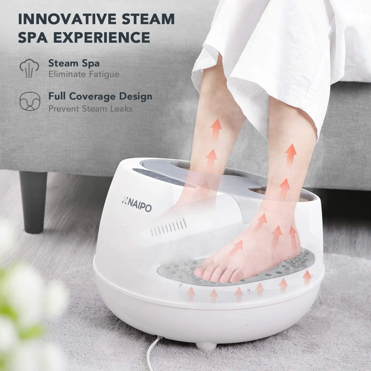 oFlexiSpa Steam Foot Spa Bath Massager with Electric Rollers, 3 Heating Levels and 2 Intensities for Feet Reflexology, 3 Adjustable Timers, Soothe Tired Feet, Water Saving Technology for Home Use