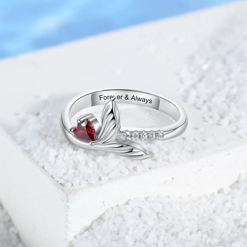 Personalized Birthstone Fish Tail Rings for Women Customized Heart Stone Engraved Ring Christmas Birthday Gifts