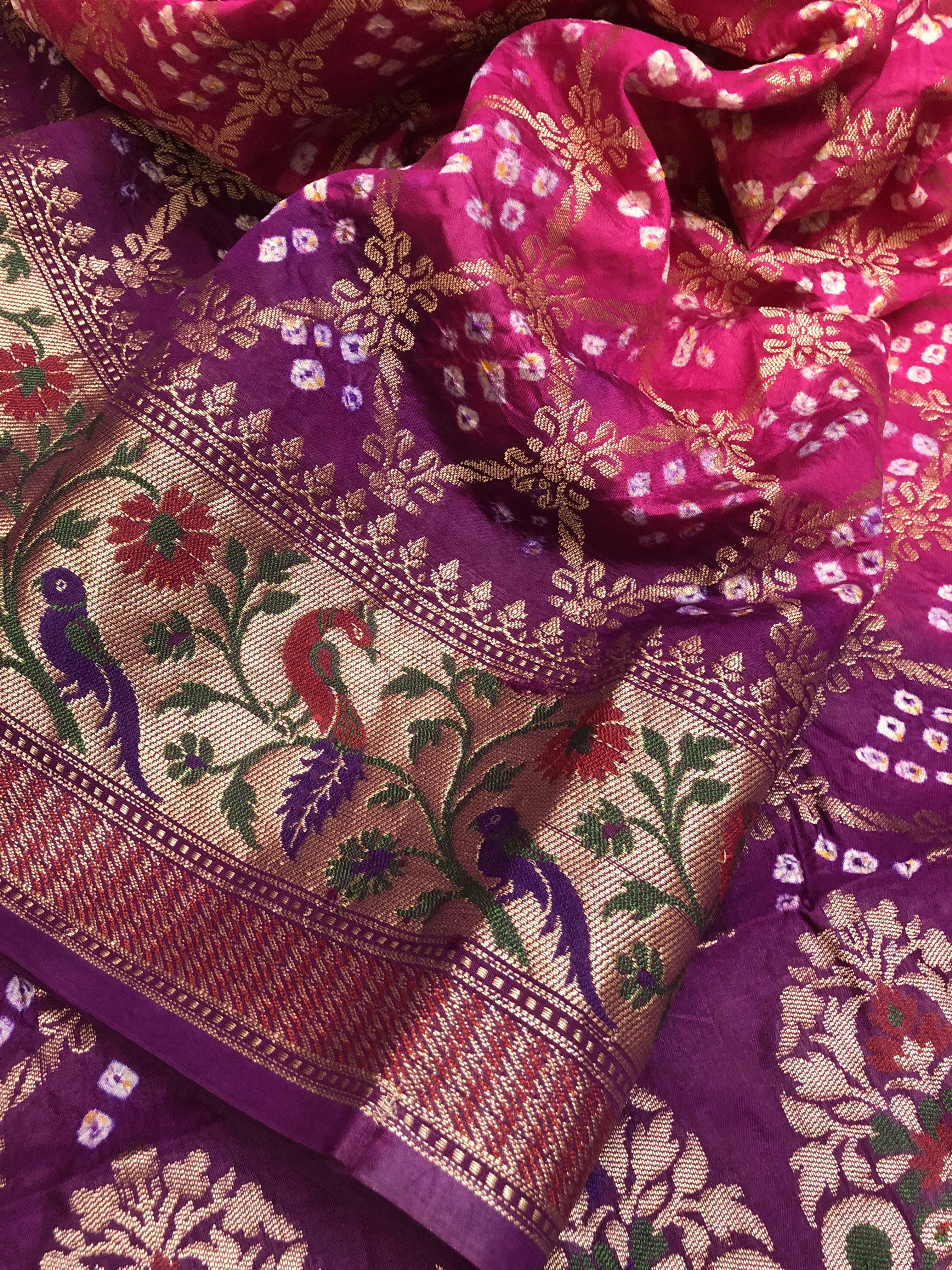 Pink and Purple Color Dupion Silk Saree with Paithani Design & Bandhej Work