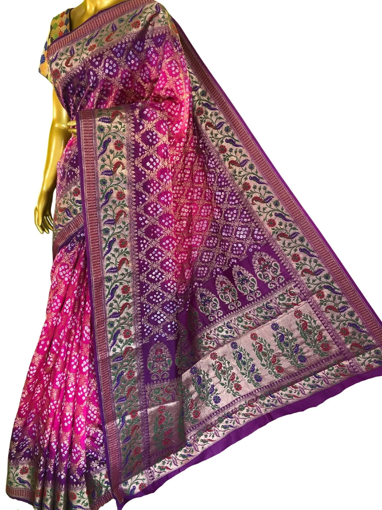 Pink and Purple Color Dupion Silk Saree with Paithani Design & Bandhej Work