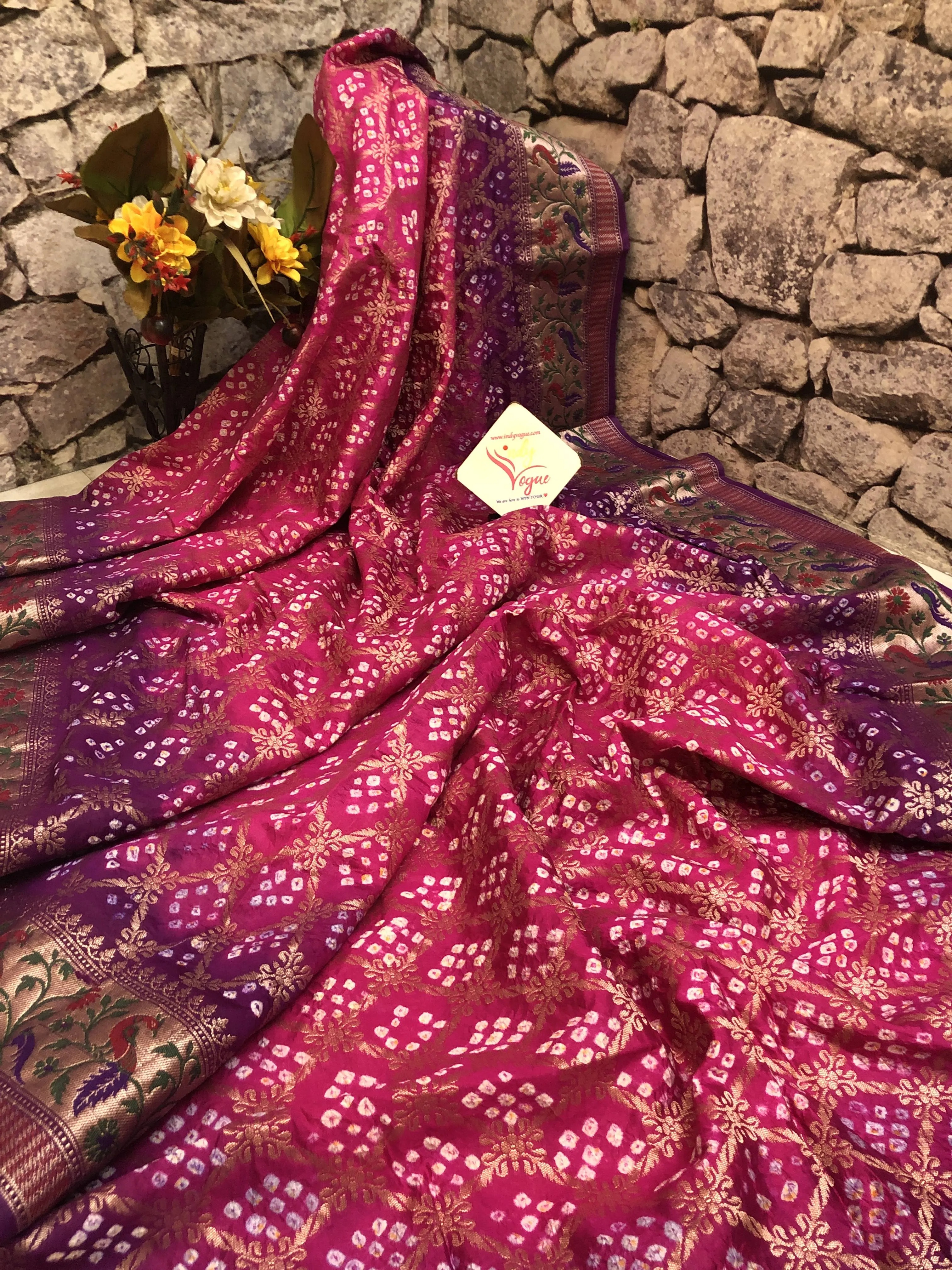 Pink and Purple Color Dupion Silk Saree with Paithani Design & Bandhej Work