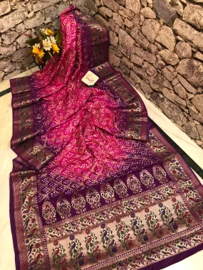 Pink and Purple Color Dupion Silk Saree with Paithani Design & Bandhej Work