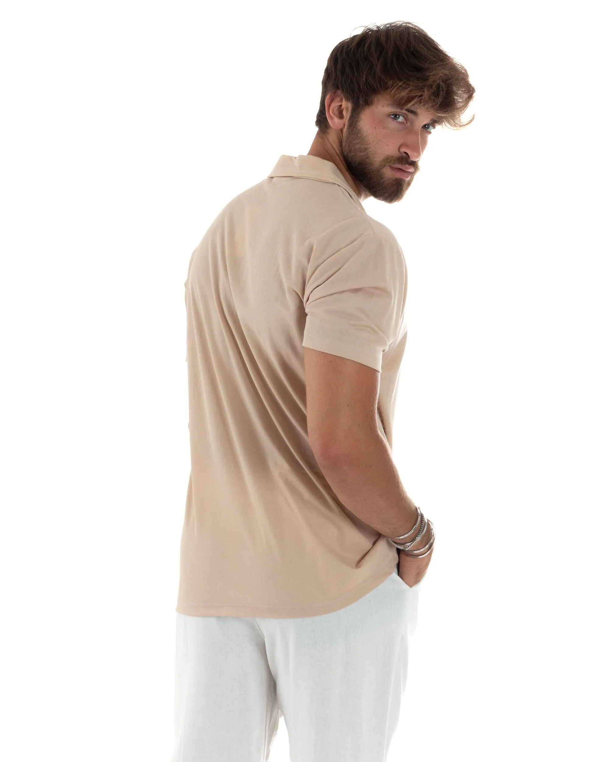 Polo Mezze Maniche Uomo Basic Scollo A V T-Shirt Con Colletto Tinta Unita Beige GIOSAL-TS3070A