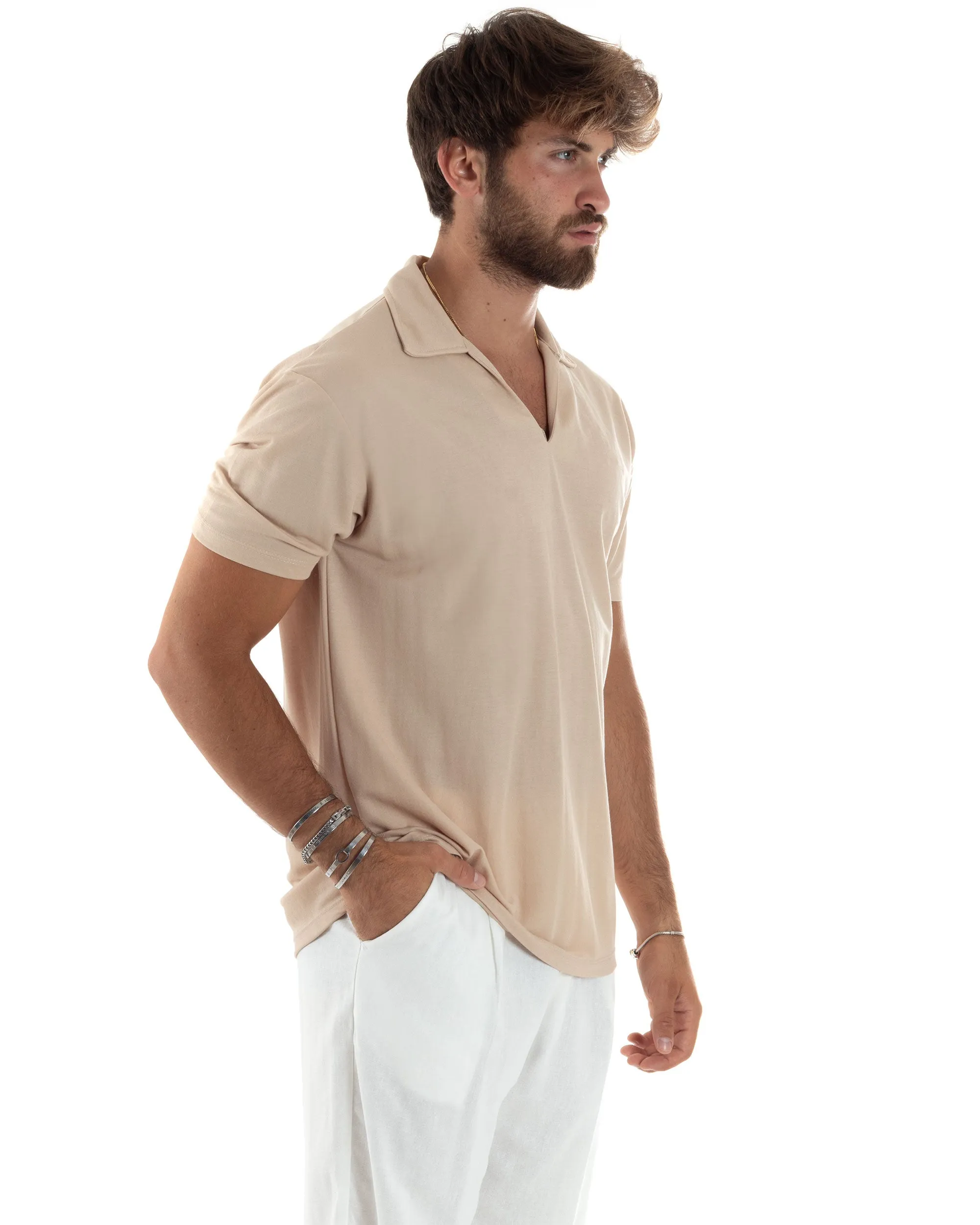 Polo Mezze Maniche Uomo Basic Scollo A V T-Shirt Con Colletto Tinta Unita Beige GIOSAL-TS3070A