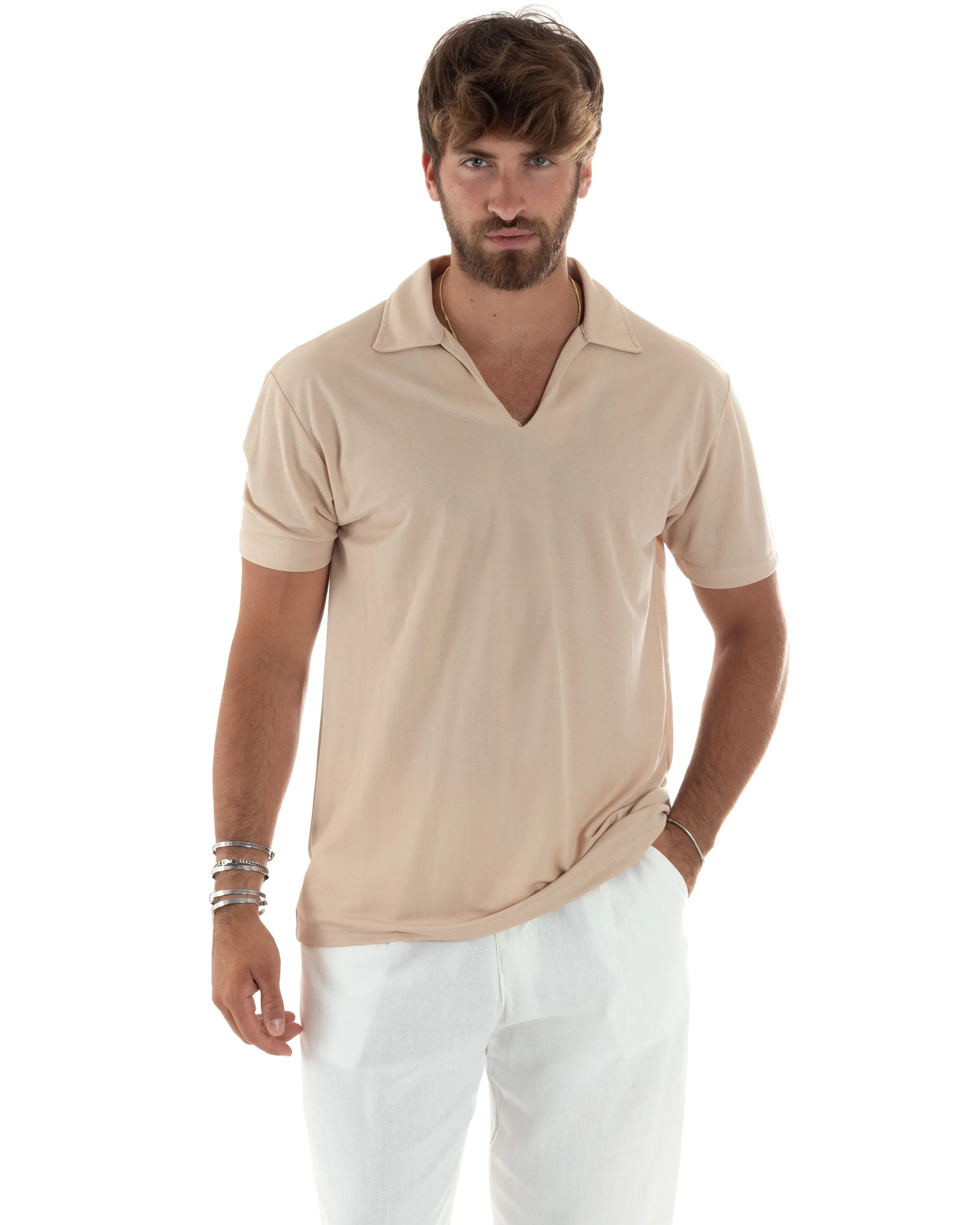 Polo Mezze Maniche Uomo Basic Scollo A V T-Shirt Con Colletto Tinta Unita Beige GIOSAL-TS3070A